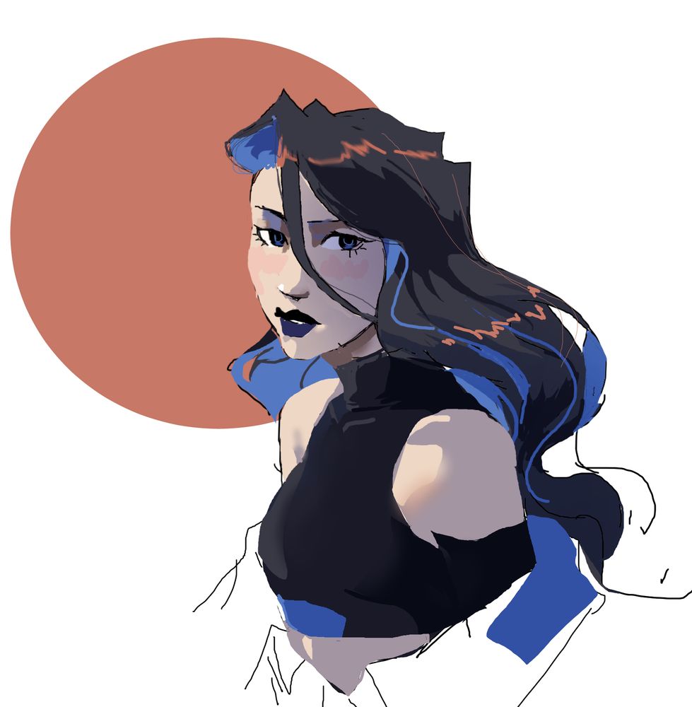 Valentine, a woman with blue and black hair, drawn with an orange circle behind her and lit with orange light.