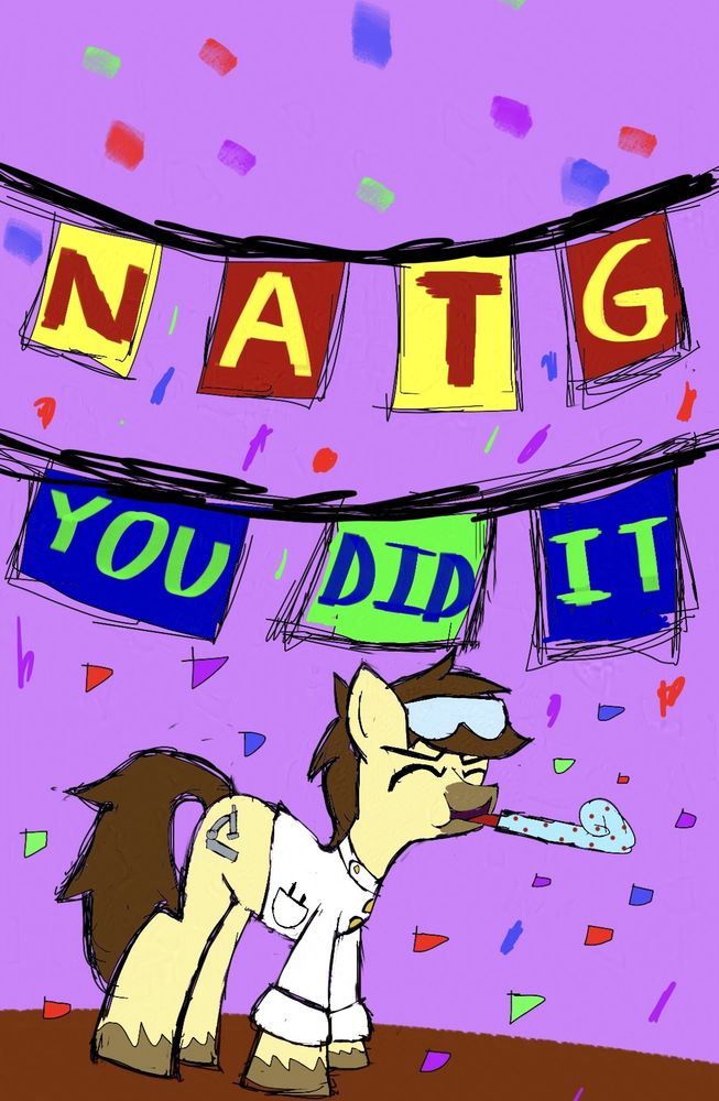 Calpain pony celebrating under a NATG banner.