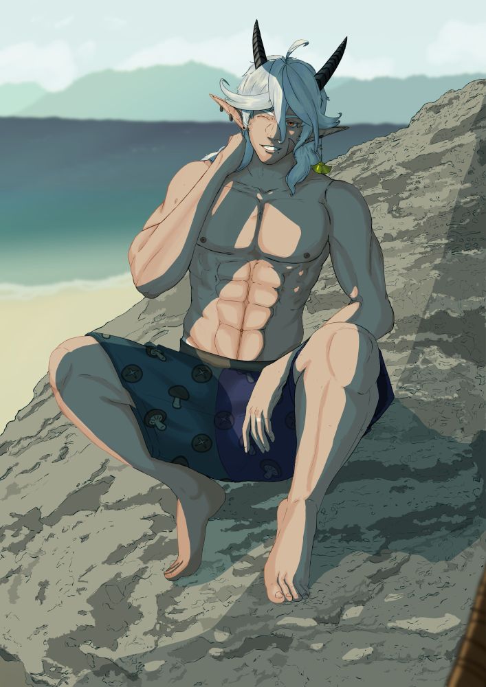 An adult male human with long white hair, a pair of horns, and pointy earing, sitting on a large rock at the beach.