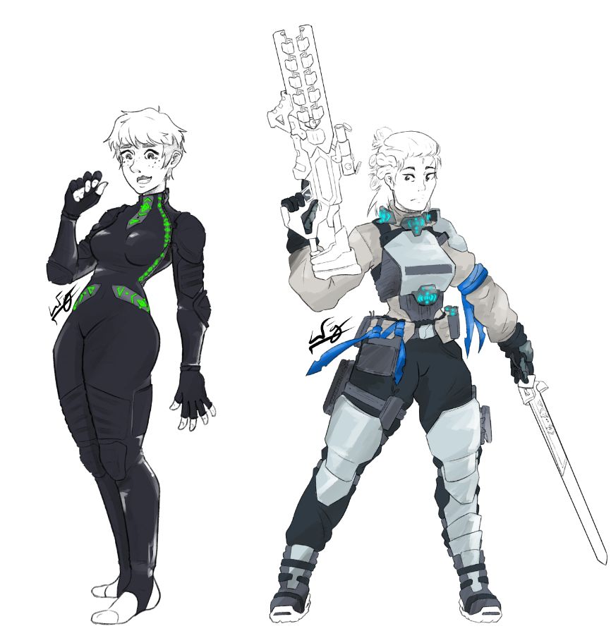 Fullbody sketches of two women in scifi clothing covered in runes. The woman on the left has short hair and wears a wetsuit-style outfit with green runes. On the right another woman with longer hair wears battle armor adorned with metal plates and cyan runes. She additionally wields a railgun rifle and a sword. 