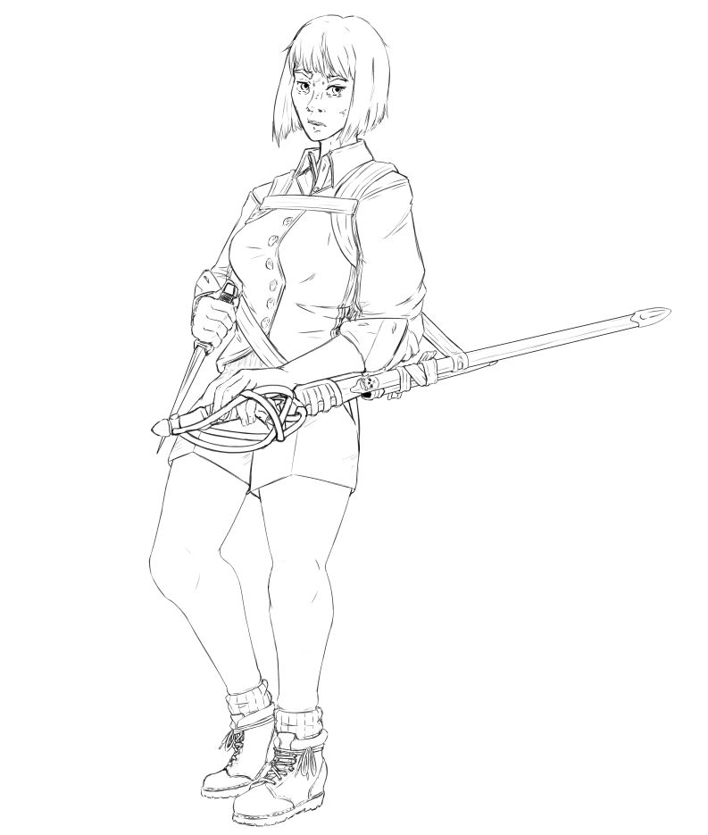 A lineart drawing of Camilla Hect from The Locked Tomb book series, she is standing holding a dagger and resting her arm on a sheathed rapier. She is wearing a dress shirt, vest, leggings, and boots in an academic style with the sleeves rolled up. 