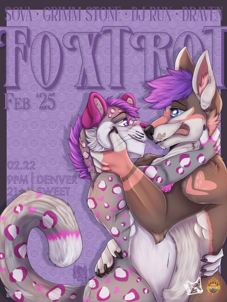 On a pale lavender background, a coyote and a snow leopard with pink accents embrace.