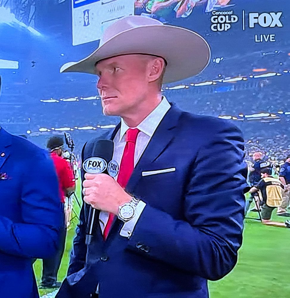 Alexi Lalas wearing a cowboy hat during the postgame show of the US - Mexico Gold Cup soccer game