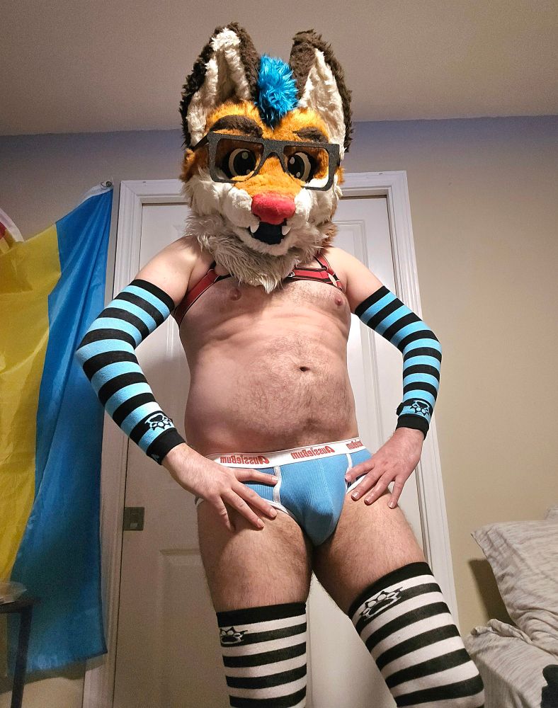 Me in teal briefs with same arm warmers and socks