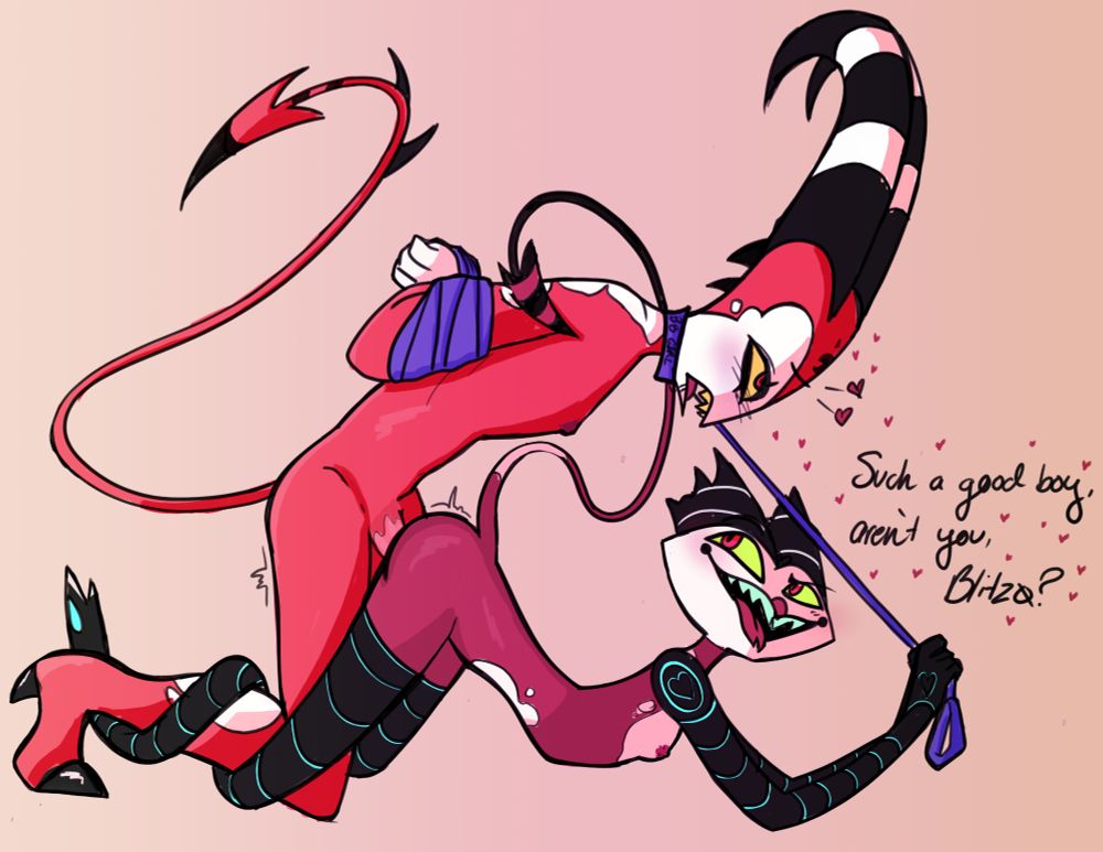 Blitz from helluva boss topping fizzarolli while his arms are tied behind his back and hes wearing a collar and leash. Fizz is saying "such a good boy, aren't you, Blitzø?" 
