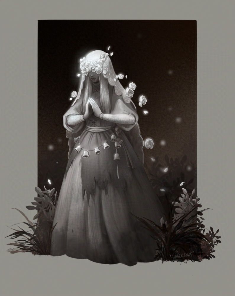 a lady in a dress wearing a veil with prominent glowing flowers, petals falling gently around 