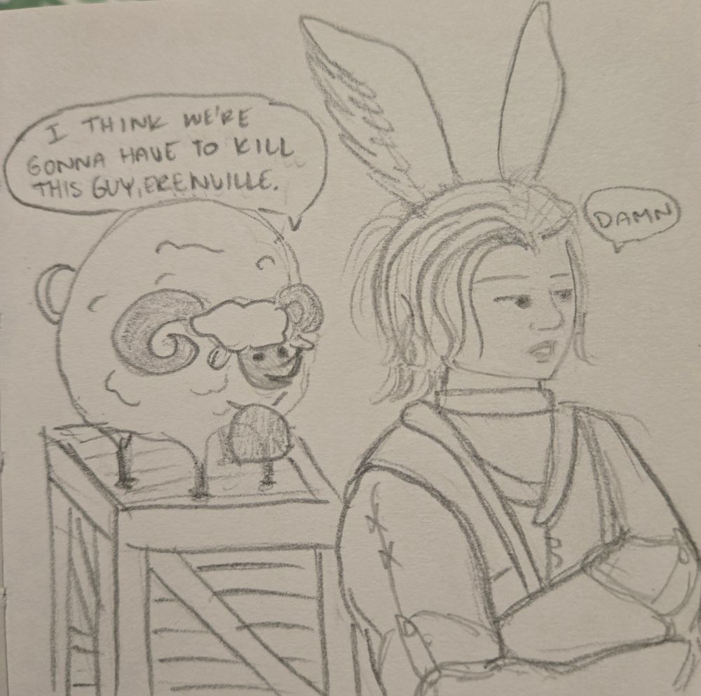 Lambert standing on a crate telling Erenville "I think we're gonna have to kill this guy." Erenville responds with a deadpan "damn."