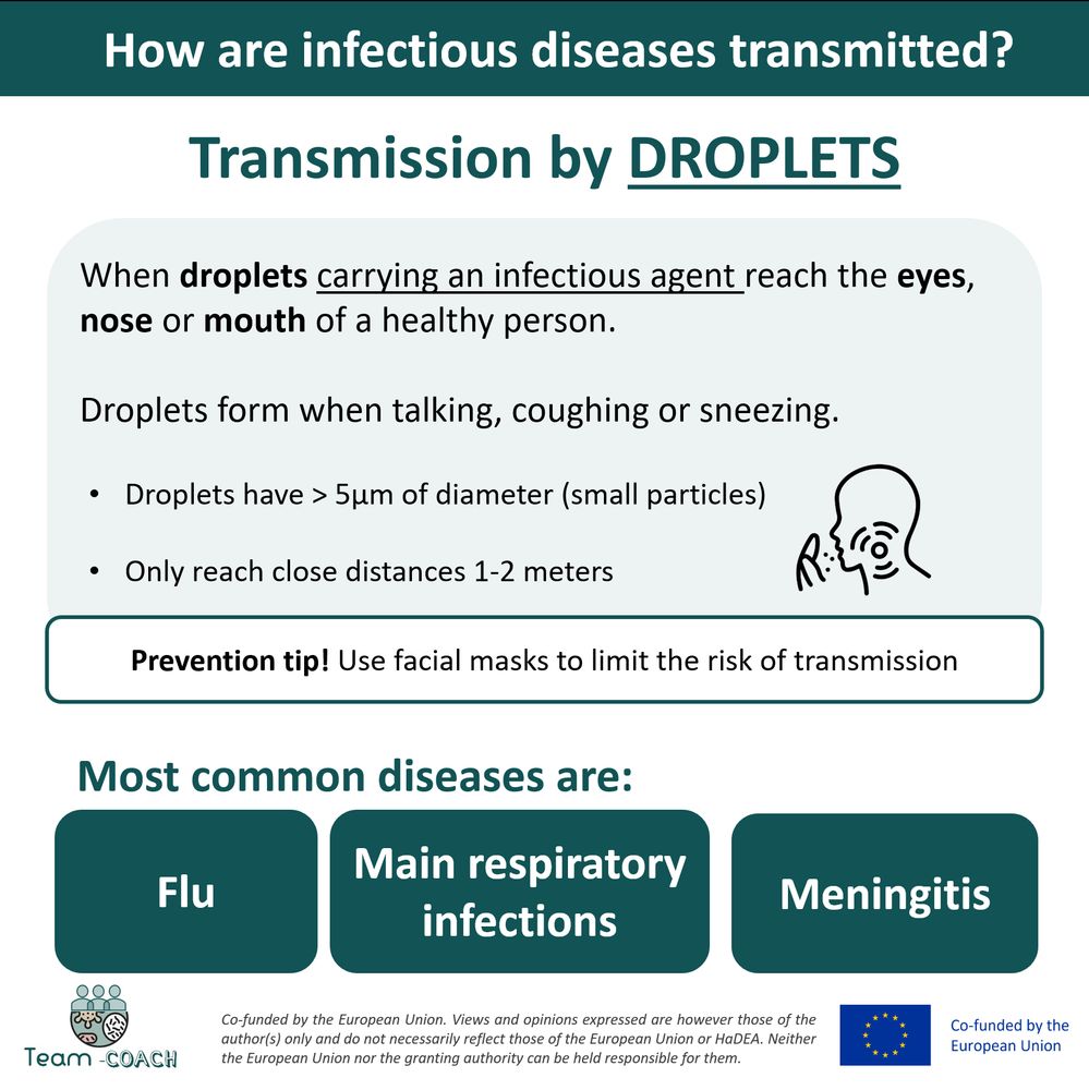 Transmission by droplets occurs when droplets carrying an infectious agent reach the eyes, nose or mouth of a healthy person. Some tips are to use facial masks to limit the risk of transmission. Common disease spreaded this way are flu, main respiratory infections and meningitis.
