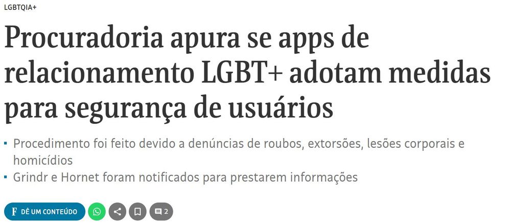 Print da folha com a seguinte matéria: procuradoria apura se após de relacionamento LGBT+ adotam medidas para segurança de usuários 