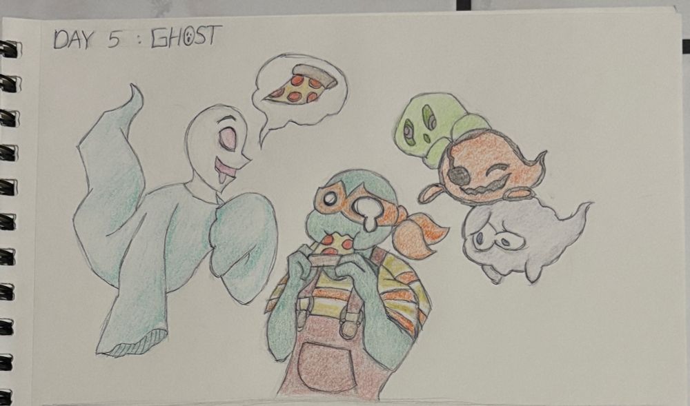 A teal ghost asking Mikey for a slice of pizza. Mikey scared of the ghost and unaware of the three behind him. The orange ghost almost poking the bandana tails.
