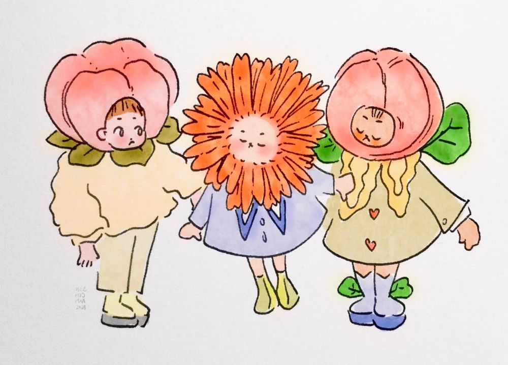 3 characters wearing flower hats