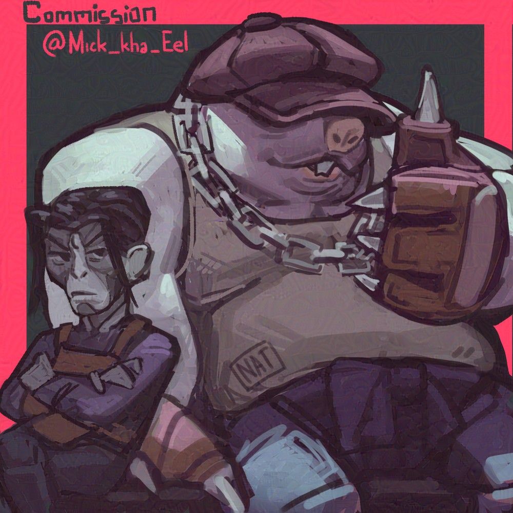 an emote (digital painting) of mo&krill characters from deadlock doing a pose that is a thumbs up
