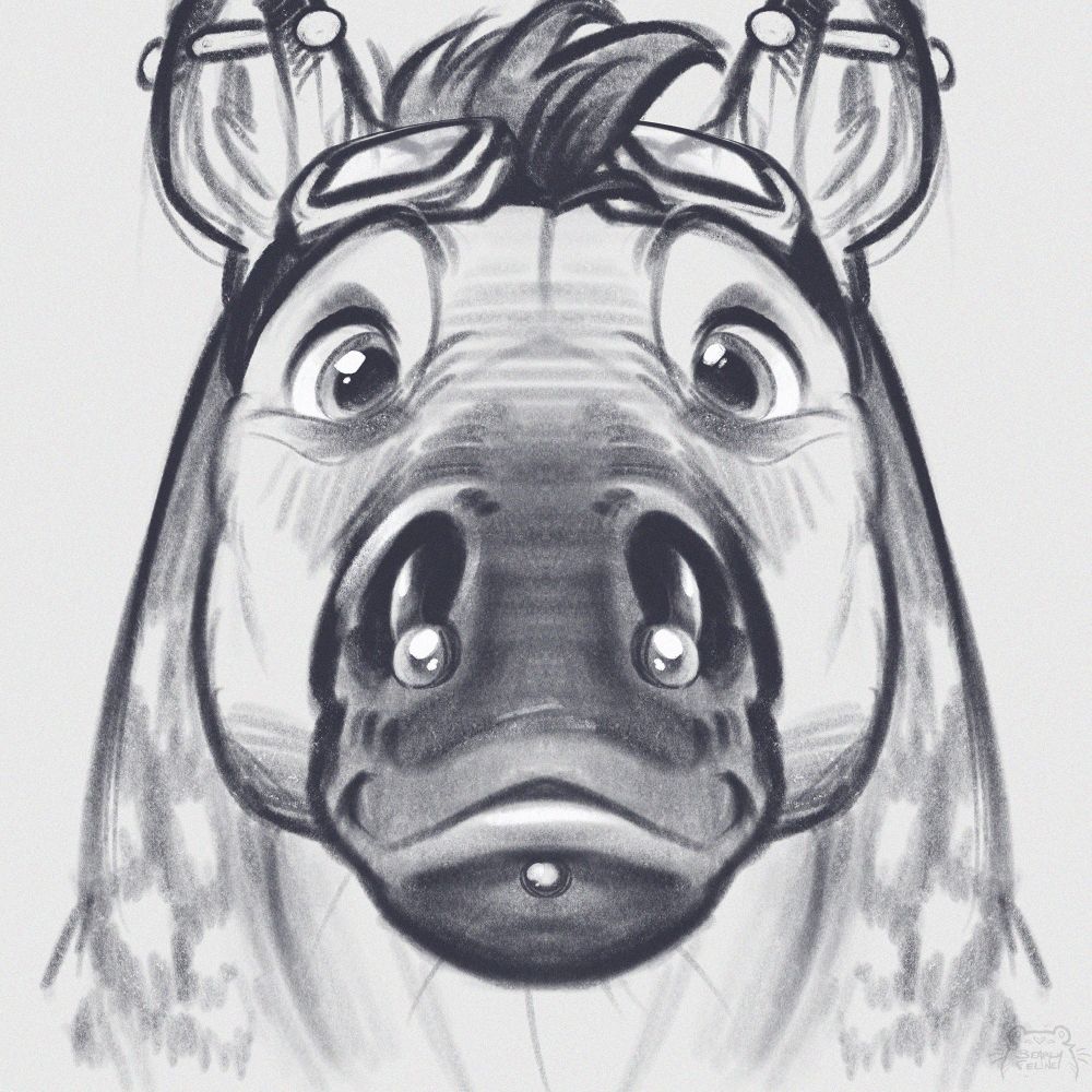 Symmetrical sketch of an anthro draft horse bust looking right at the viewer, he has goggles on his head as well as ear, lip and nose piercings, he's got a goofy little smile too, what a nerd