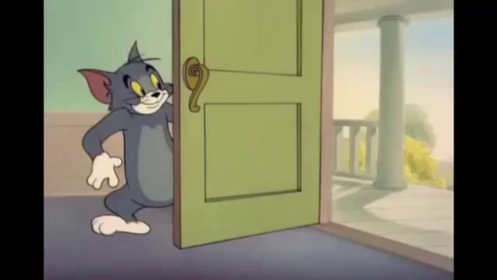 a cartoon cat is standing in front of a green door .