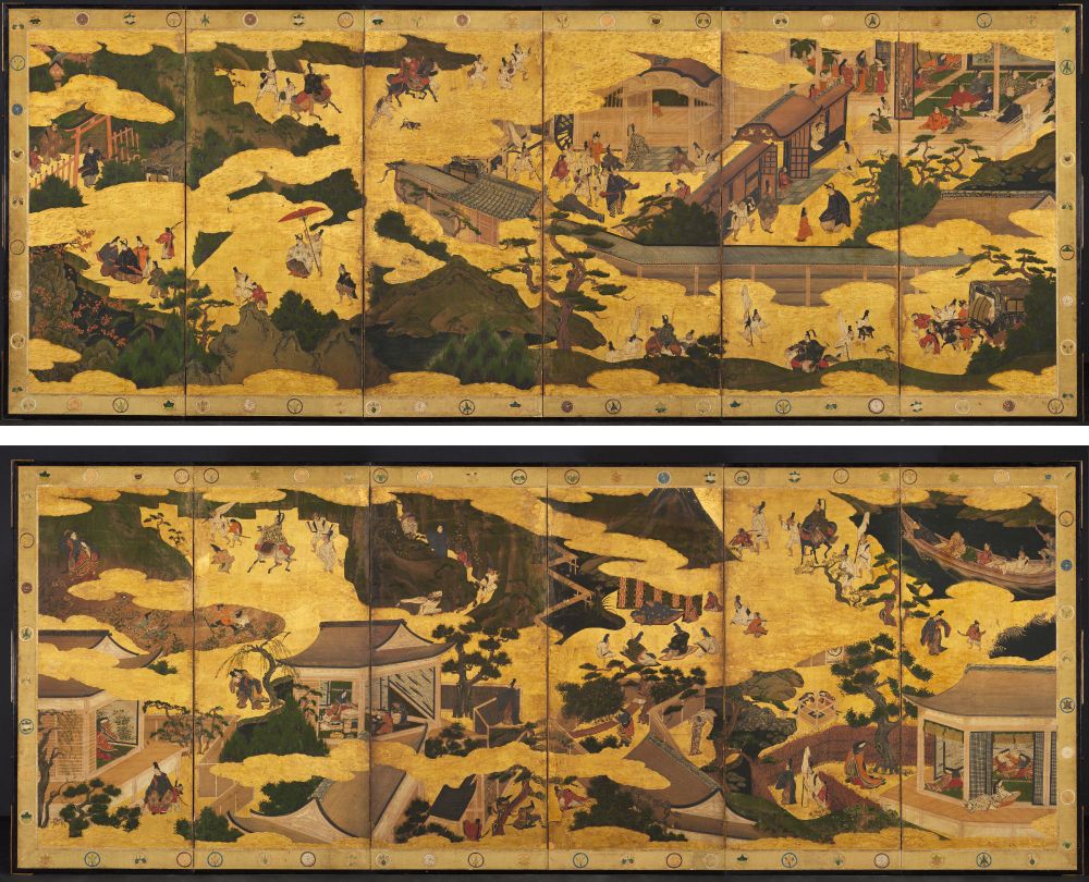 Two screens showing Japanese people in traditional dress carrying out activities from Tales of Ise, classical Japanese architecture, and greenery on a golden background