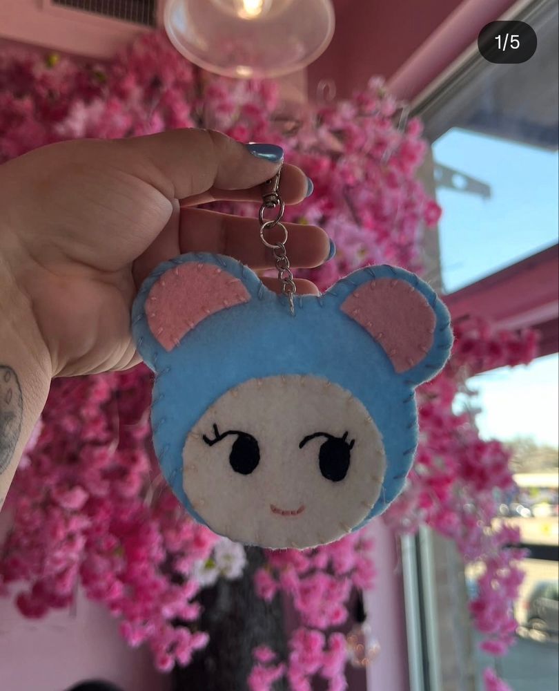 Sonny angel style mouse keychain with hand-embroidered face