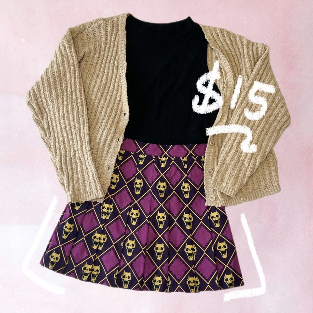An outfit flatly showcasing a pleated skirt printed with a design inspired by Kira Queen from JoJo's Bizarre Adventure