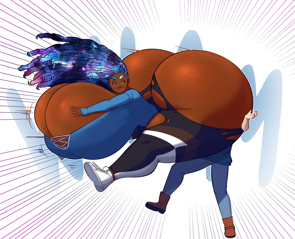 Topanga, with her gorgeous globular curves is performing a peach bomber, smacking her colossal cheeks into the face of Jess, a femme OC belonging to Nix. Topanga's hair is in locs, and are tinted in a blue and purple nebula pattern. Her shirt is a steel blue, and her black and white leggings are coming apart at the behest of the aforementioned massive ass. Jess is mostly obscured, but you can see her boots, blue jeans, and shirt, and arm poking out from behind Topanga. "WHAM" is obscured in the background, with action lines that are purple, pink, and blue coming away from Topanga and to the edges of the image. 