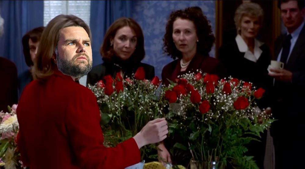 The scene from the 1999 film The Sixth Sense where the munchausen by proxy mom has just been busted for the poisoning of her daughter. This is the main spoiler for the film, nothing else. Oh, and JD Vance’s face has been superimposed on the mom’s face. 
