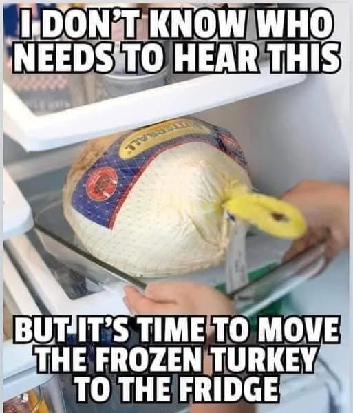 I don't know who needs to hear this but it's time to move the frozen turkey to the fridge.
