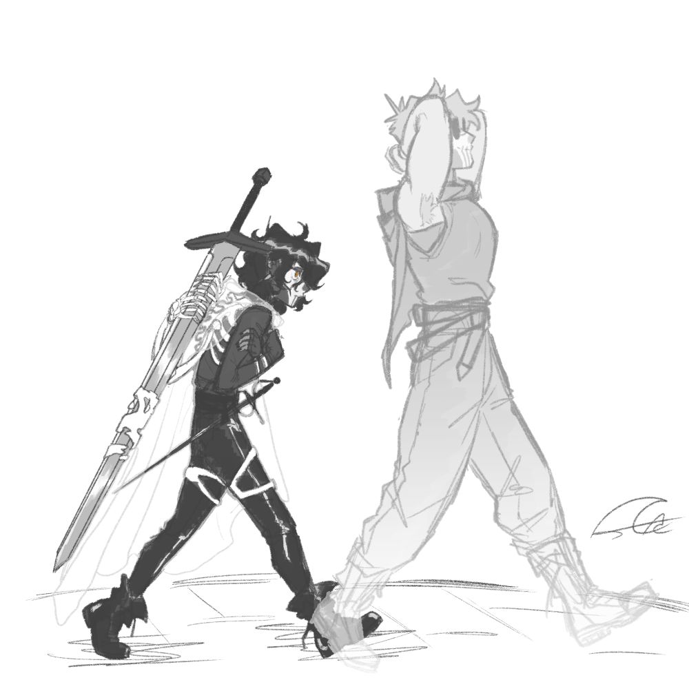 Harrow hunched over and hugging herself while carrying Gideon's longsword on her back with the help of construct hands. It looks like she's walking a half a step behind a ghostly image of Gideon who has her hands behind her head nonchalantly 