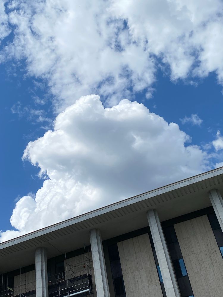 A partial view of the top half of the street side of the National library of Australia in Canberra, building works scaffolding just visible on the left between the library’s pillars. The national library of Australia building looks like a Greek building; pillars or columns supporting two layers with a slightly raised roof not triangular, of copper. Moving across the building towards the viewer is a gorgeous fluffy white cloud with another thinly dispersed cloud above.