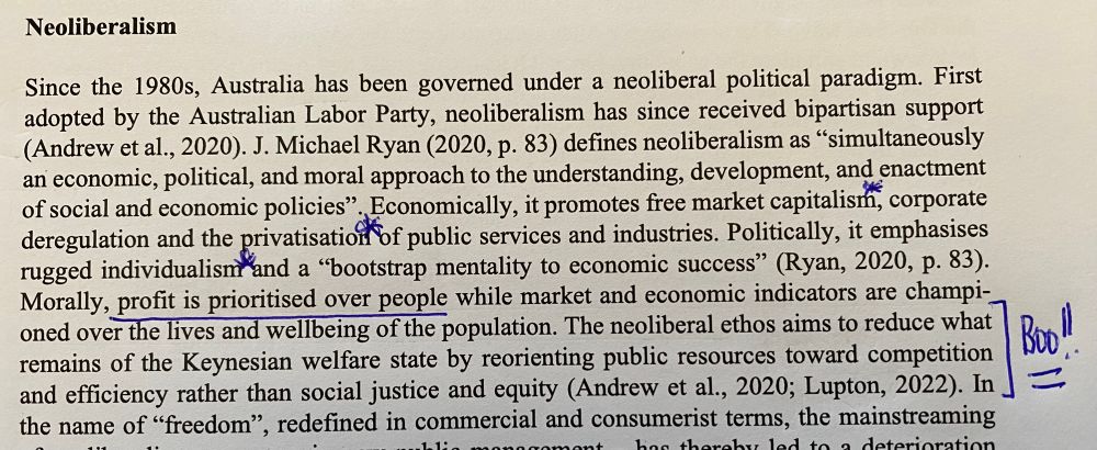 Screenshot of paragraph from an article: Neoliberalism
Since the 1980s, Australia has been governed under a neoliberal political paradigm. First adopted by the Australian Labor Party, neoliberalism has since received bipartisan support (Andrew et al., 2020). J. Michael Ryan (2020, p. 83) defines neoliberalism as "simultaneously an economic, political, and moral approach to the understanding, development, and enactment of social and economic policies", Economically, it promotes free market capitalism, corporate deregulation and the privatisatio of public services and industries. Politically, it emphasises
rugged individualism and a "bootstrap mentality to economic success" (Ryan, 2020, p. 83).
Morally, profit is prioritised over people while market and economic indicators are champi oned over the lives and wellbeing of the population. The neoliberal ethos aims to reduce what remains of the Keynesian welfare state by reorienting public resources toward competition and efficiency rather than social justice and equity (Andrew et al., 2020; Lupton, 2022).