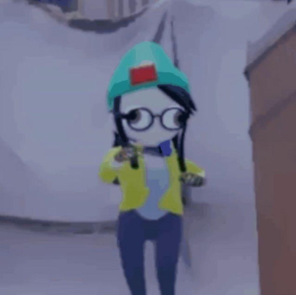 a cartoon character wearing glasses , a hat and a yellow jacket is walking in the snow .