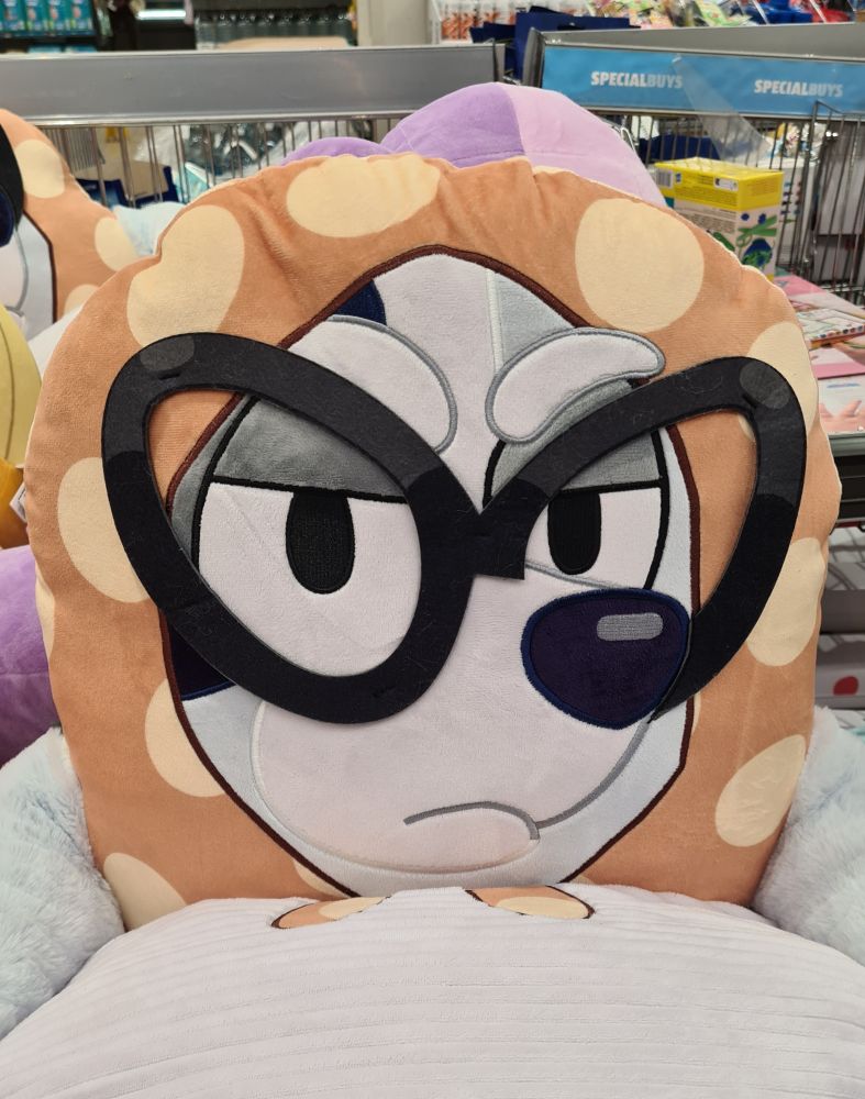 A two-part cushion designed so you can sit on the lower half while leaning back on the upper bit. The top half is designed to look like Muffin Heeler dressed as a granny, looking typically unimpressed with her nanny glasses on. 