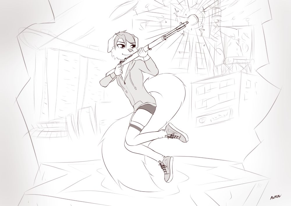 cammy mutt holding a rifle with city background