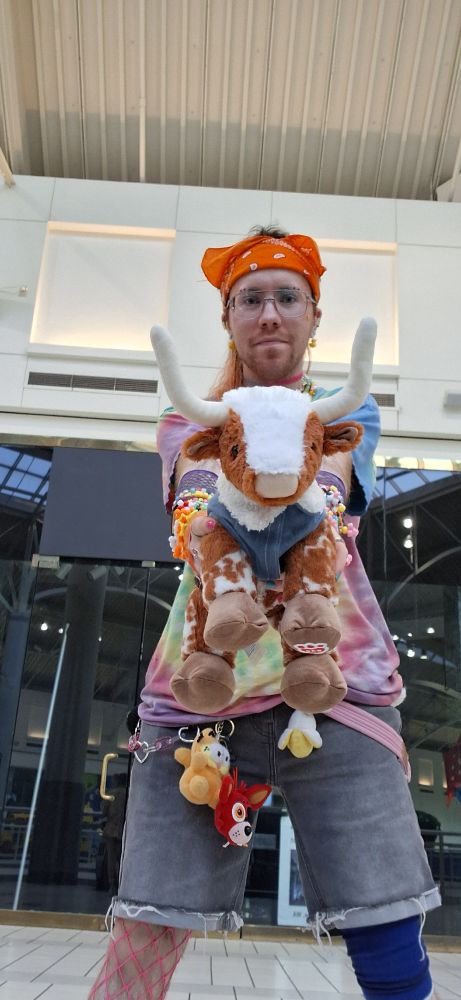 a picture of me holding a long horned cow stuffed animal