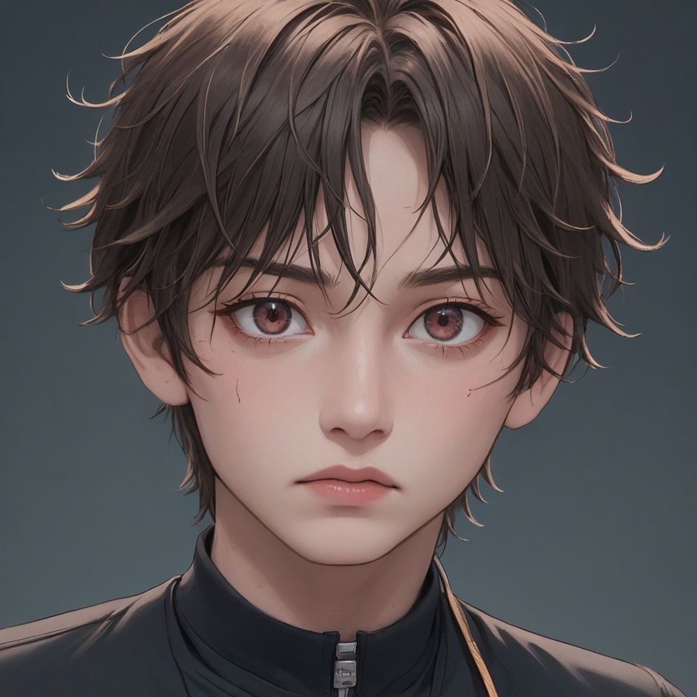 Looks like a high quality drawing of the face of a young man, slightly disheveled. Brown eyes a bit to big for the face. Looks anime-like. Neutral face expression.