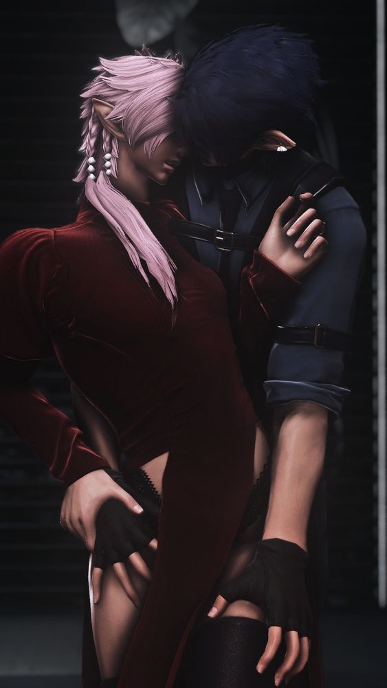 Two Elezens/Elves. One in front is in a red double slit dress, the other is behind in a suit and a tie. He is feeling up the other's legs