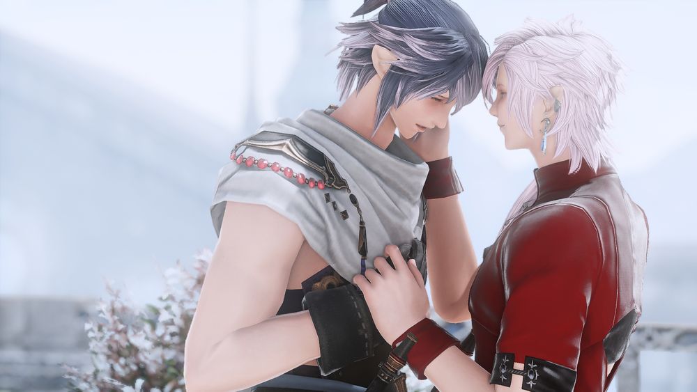 Two Elezens are seen in the cold together. One is crying (left) and the other is holding his hand and cheek (Right)

(This was an HC AU about their son being born thanks to a couple of Fantasias that were gifted by Minfillia. )

He doesn't know how it happened, or how his sisters did it. But some way, some how he made it to the past. And here he stood, face to face with one of his fathers. Elias had all sorts of words he wanted to say to him, to them. But the way his father before him was looking at him...it was filled with love. With adoration. 

"My. How you've grown, Eli..." Asbel spoke as he approached the Elezen before him. 

The boy stood there. He wanted to tell him that he hated him. Hated him and his other father for leaving him alone. Hated both of them for abandoning him when he was but a child yet gave his sisters an opportunity to know them...And yet...he couldn't find the words to say that. No, Elias no longer harbored the hatred he held for years. Rather he felt relieved, sorrow and joy. His sisters were right. They were always right. His fathers would never abandon him...and it was unfortunate they did in his time. 

Elias clenched his hand, curling his fingers into a fist and held his head. A hand gently patted his head. He looked up. There he was, one of his fathers right before him, patting his head and giving him the kindest smile he imagined Asbel to have. "I'm sorry. You did well." 

Just those simple words were what he needed to hear. Tears streamed down his cheek and he hung his head once more. "I..I-I..!" The boy began, holding his chest as he tried to find the right words. "I...I missed you, dad...I missed you both..." 

(This Elias comes from a future in which both Asbel+Lantis died at the end of base Endwalker. So he never got a chance to meet them. Lyre and Lethe gave him an opportunity to return to the past and find them.) 