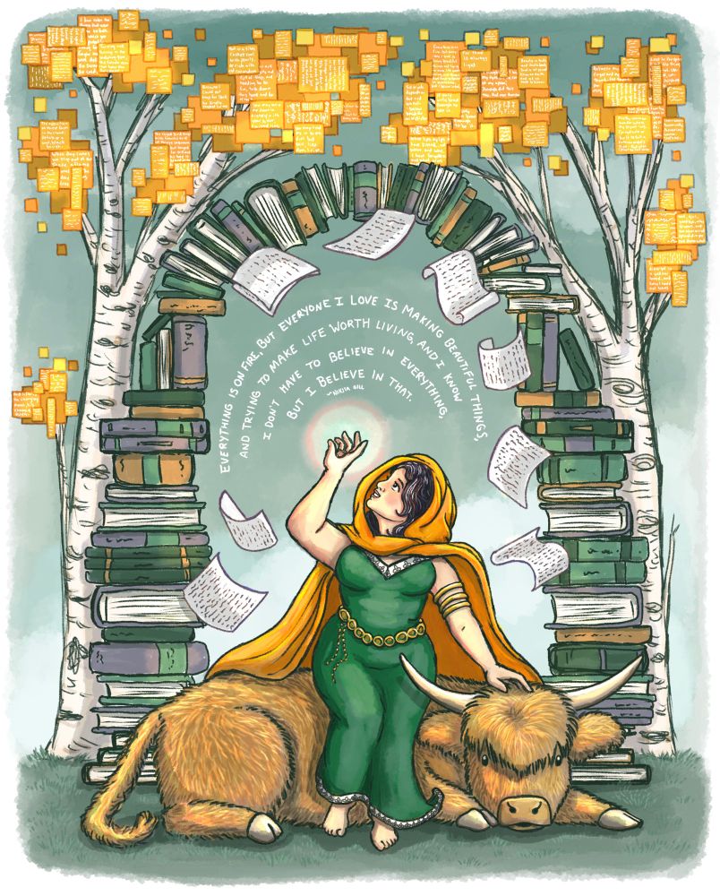 Brigid sitting on a highland cow, framed by an arch of books and birch trees. Over her head pages of the written word are floating, accompanied by a poem by Nikita Gill. The leaves in the trees also resemble book pages. 