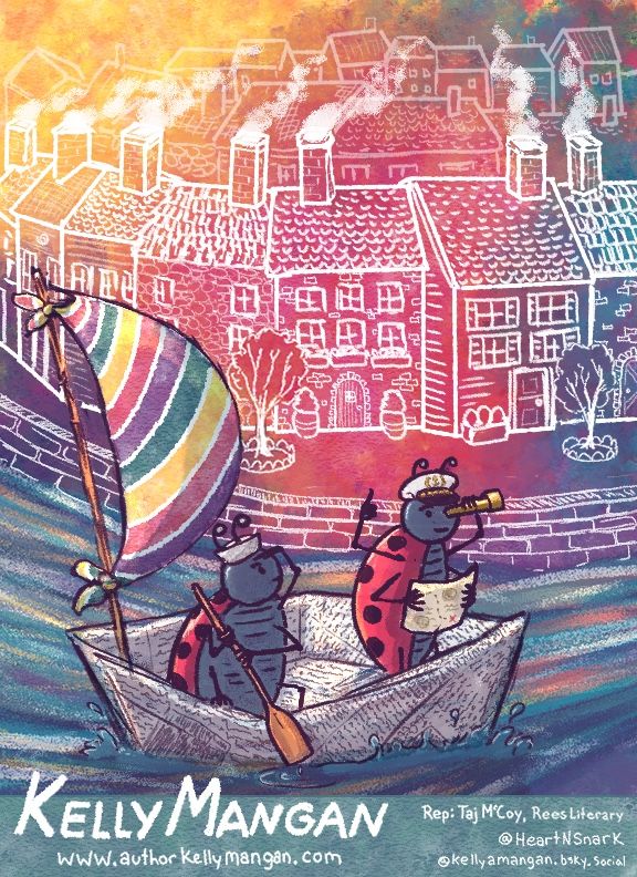Two laddie bugs, dressed as sailors, begin their adventure on the high seas in a newspaper boat. 