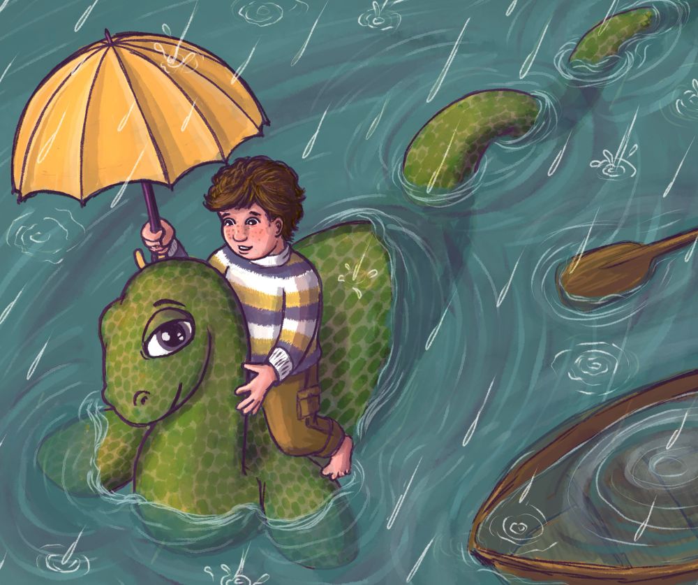 Boy with an umbrella is riding a lake monster in the rain while his boat sinks. 