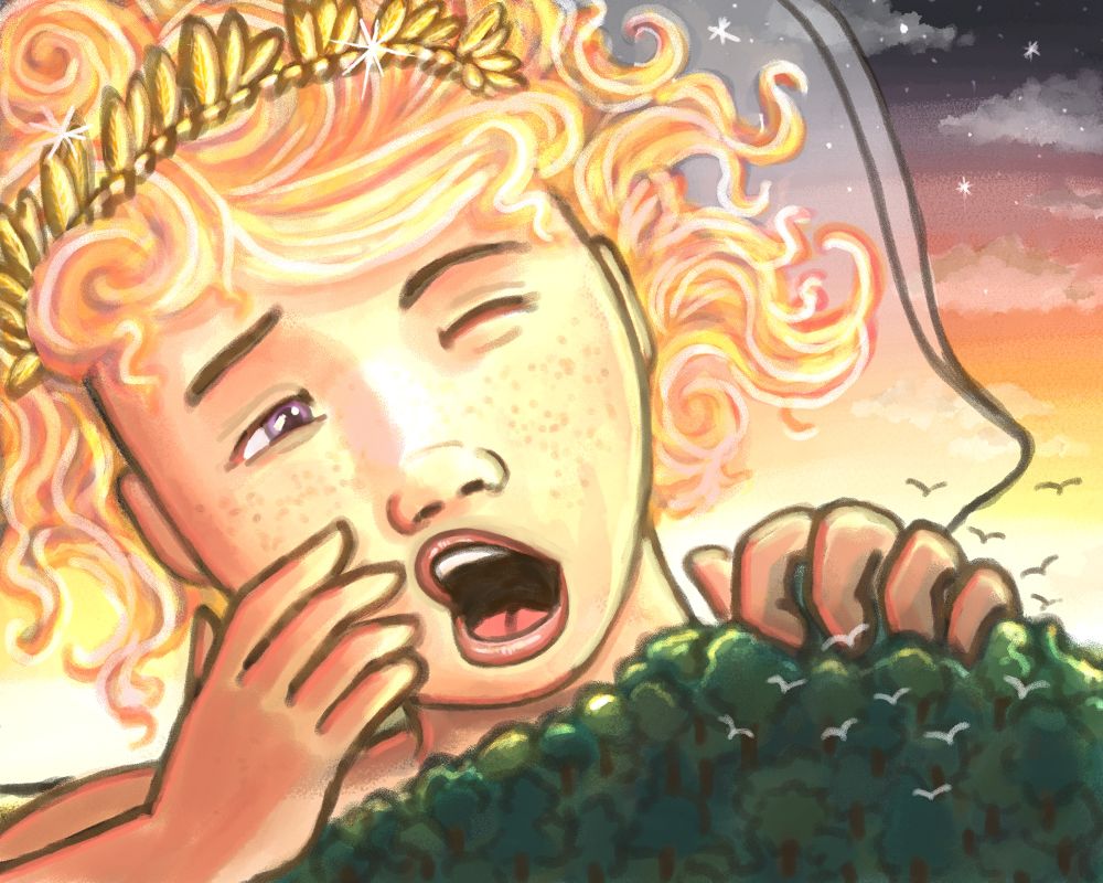 Goddess of sunrise yawning and opening one eye. 