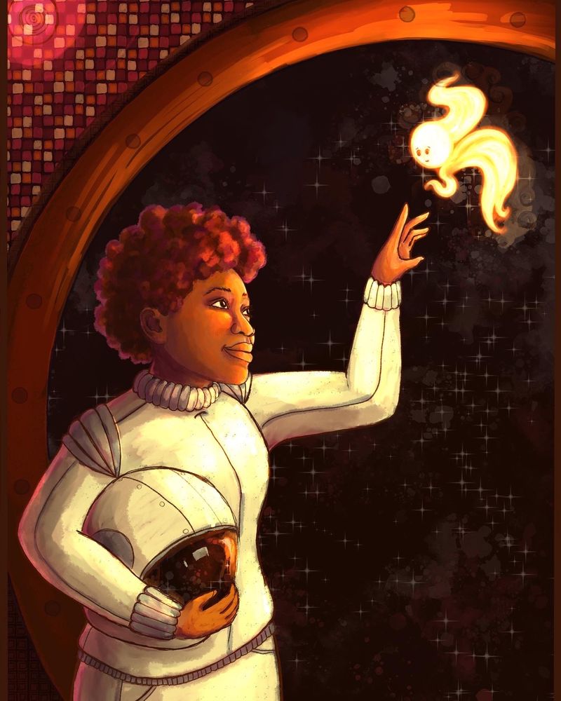 Woman in space suit holding helmet, reaching out toward a tiny, cute flame-like alien. 