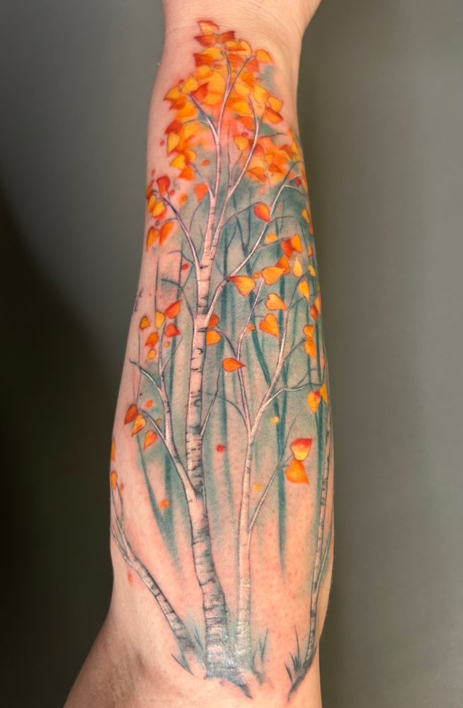 Forearm with birch tree forest tattoo 