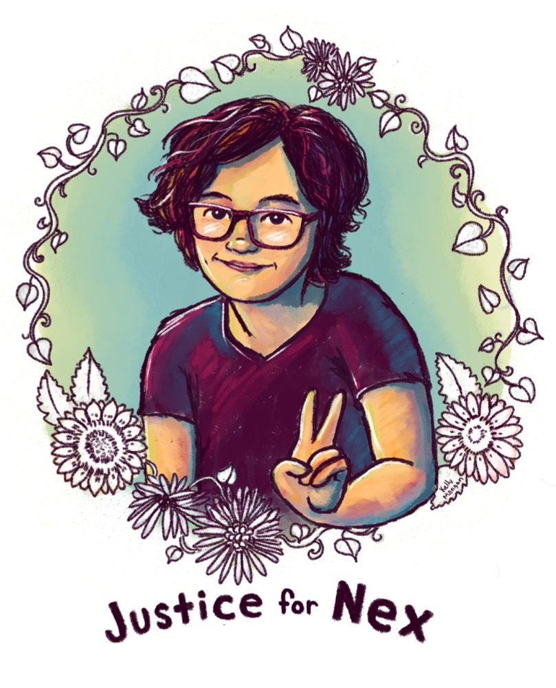Portrait of Nex Benedict flashing the "peace" sign. Text says "Justice for Nex."