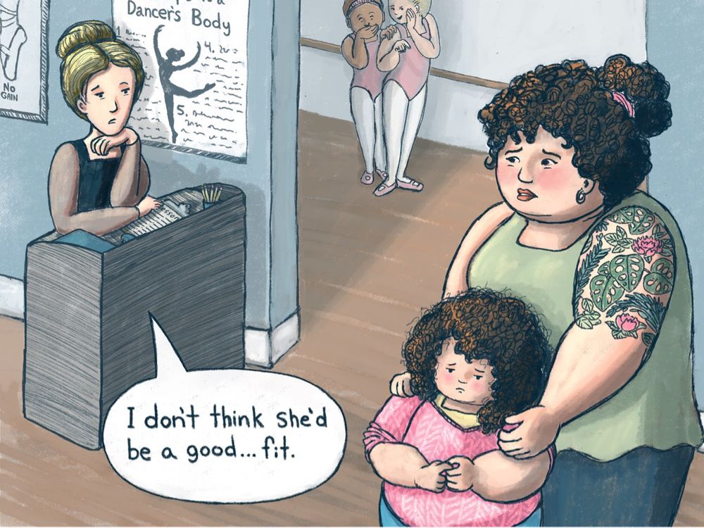 Plus size mom and daughter in ballet studio. Daughter is sad. Mother is heartbroken. Skinny instructor is saying “I don’t think she’d be a good… fit.”