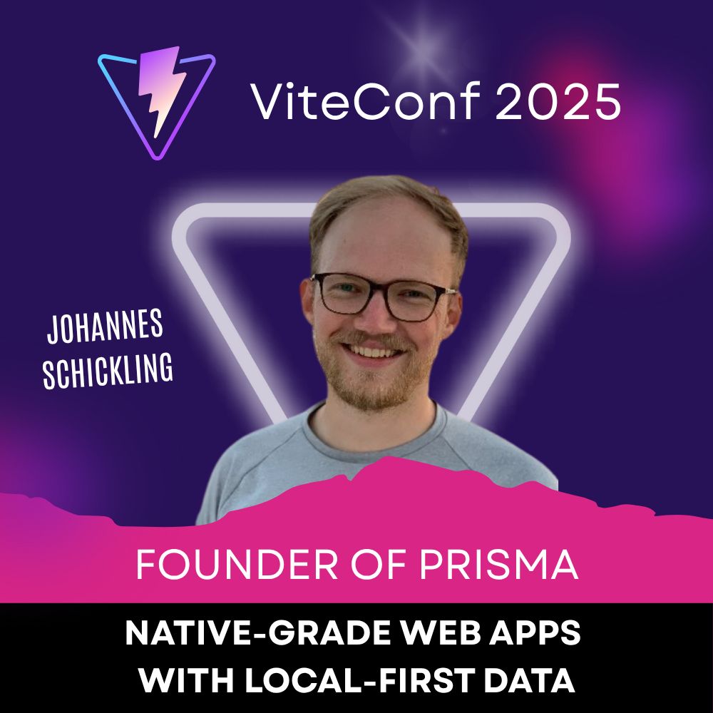 Speaker card of Johannes Schickling for ViteConf 2025. It contains his Job Title, "Founder of Prisma", and his talk title "Native-Grade Web Apps with Local-First Data"