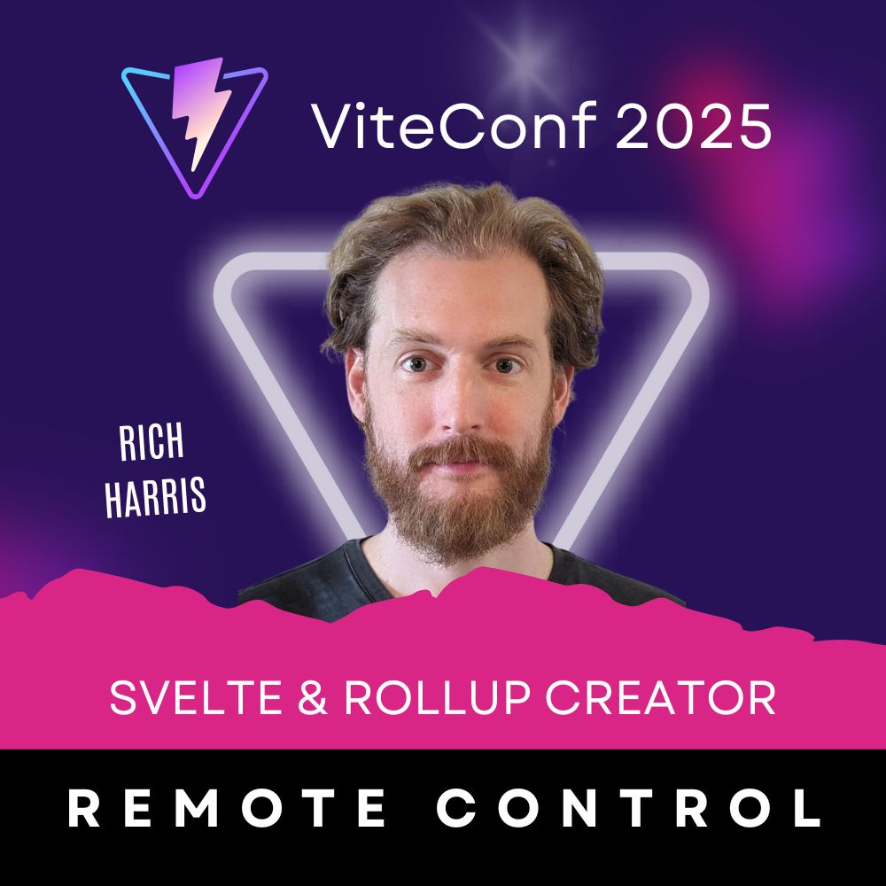 Speaker card of Rich Harris for ViteConf 2025. He is announced as the Svelte & Rollup Creator and his talk title is "Remote Control".