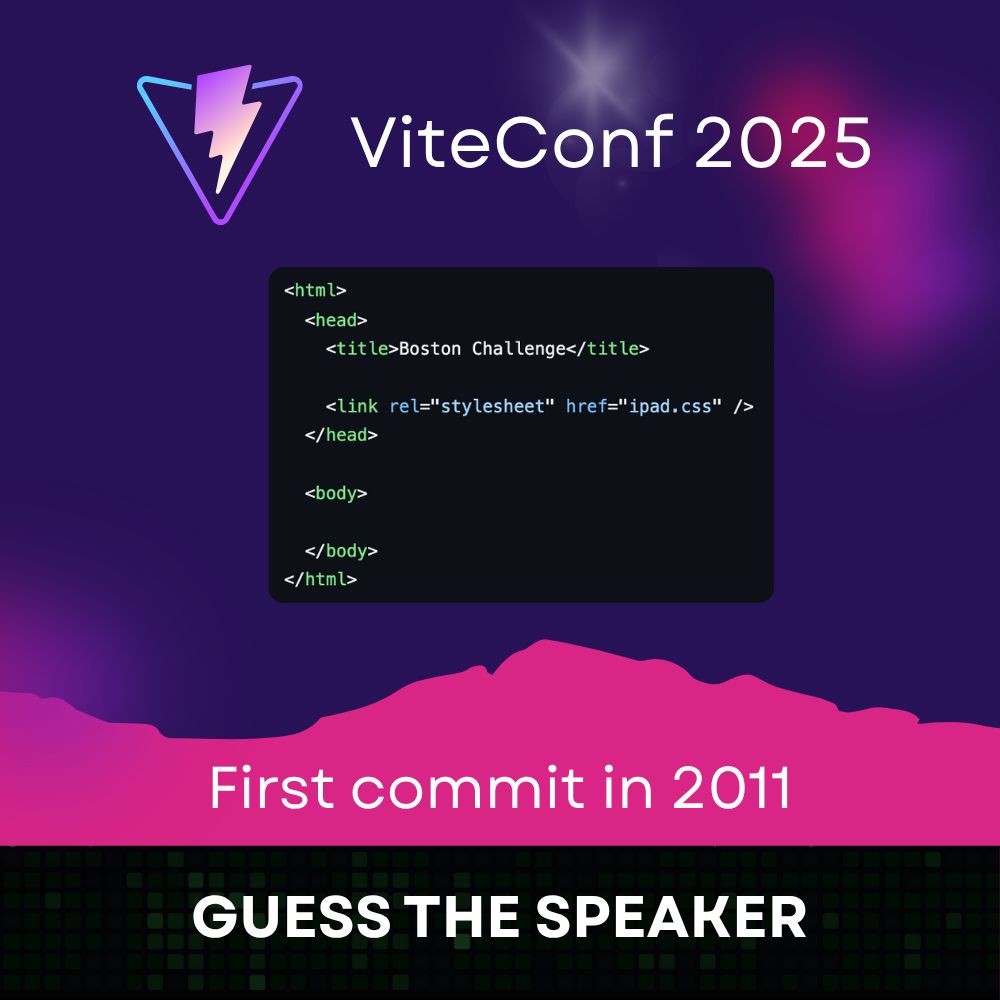Another clue for guessing the speaker - this time about his first commit which happened more than 14 years ago! Shown is the following code:

<html>
  <head>
    <title>Boston Challenge</title>

    <link rel="stylesheet" href="ipad.css" />
  </head>

  <body>

  </body>
</html>