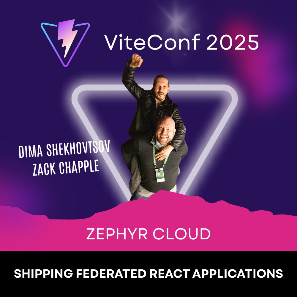 The ViteConf 2025 speaker card for Zack Chapple and Dima Shekhovtsov from Zephyr Cloud. Their talk will be about shipping federated React applications