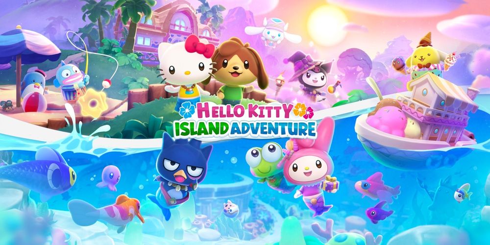 An image for Hello Kitty Island Adventure, with various Sanrio mascots appearing around the logo. Hello Kitty stands behind the top of the logo along with an original character. 