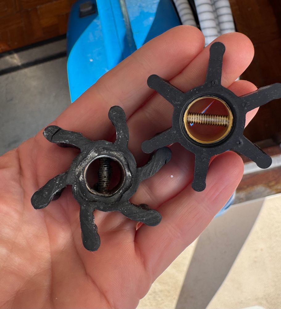 A caucasian hand holding a worn impeller on the left and a new impeller on the right.