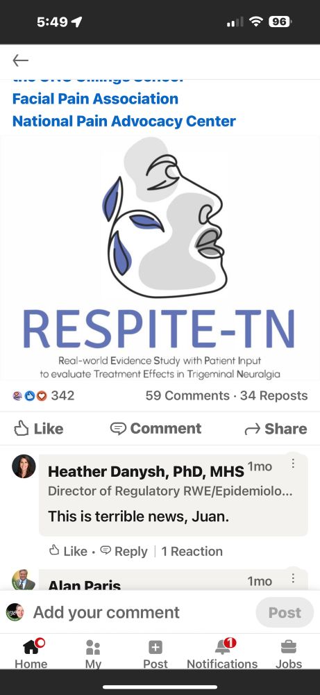 A social media post screen shot.
Facial Pain Association
National Pain Advocacy Center
RESPITE-TN
Real-world Evidence Study with Patient Input to evaluate Treatment Effects in Trigeminal Neuralgia
