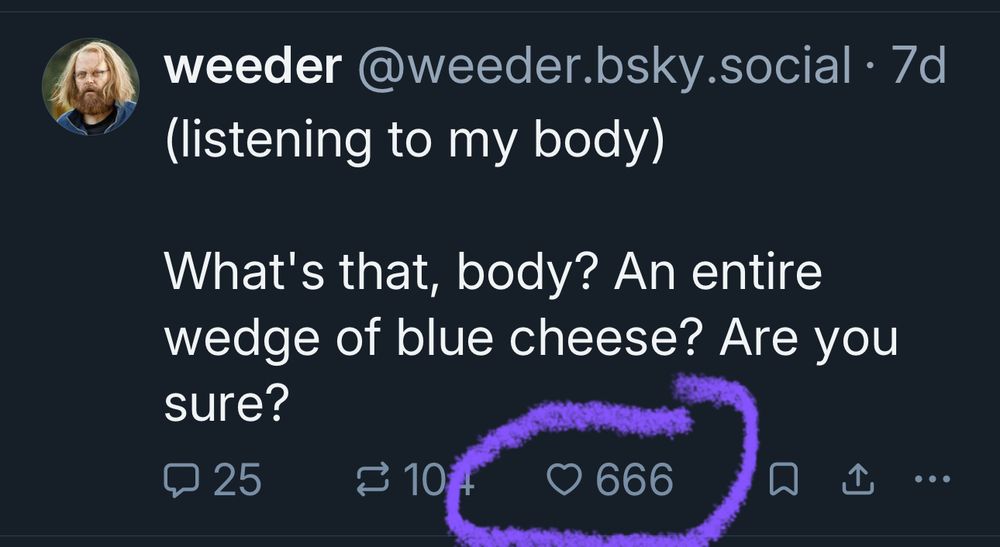 Screenshot if This Weeder original post with the heart and 666 circled in purple.
